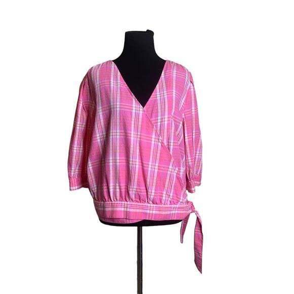 Anna pink plaid 1/2 sleeves wrap blouse size XL - Picture 8 of 8